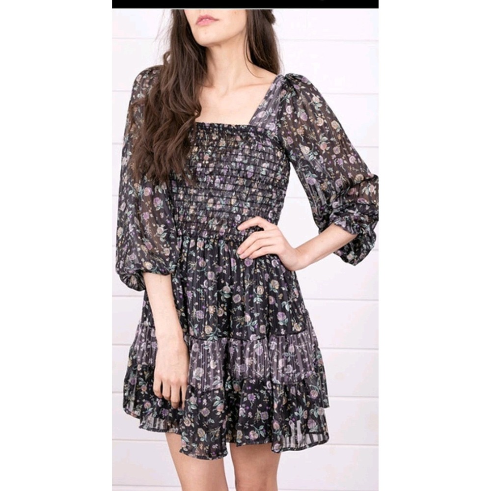 Self Contrast Allison Prairie Boho Tiered Flowy Romantic Floral‎ Mini Dress Sz M